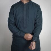 Panama Executive- Blended Midnight Green Embroidered Shalwar Kameez For Men - Image 3