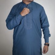 Sarwar Collection- Sea Blue Embroidered Shalwar Kameez For Men - Image 3