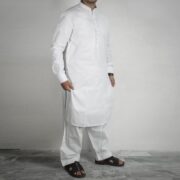 M Afzal-White Cotton Latha Shalwar Kameez For Mens