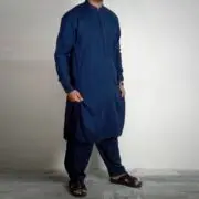 Panama Executive- Blended Sapphire Blue Embroidered Shalwar Kameez For Men