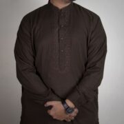 Panama Executive- Blended Deep Brown Embroidered Shalwar Kameez For Men - Image 2