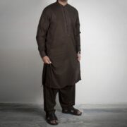 Panama Executive- Blended Deep Brown Embroidered Shalwar Kameez For Men