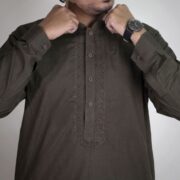 Panama Executive- Blended Mehendi Brown Embroidered Shalwar Kameez For Men - Image 3