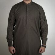 Panama Executive- Blended Mehendi Brown Embroidered Shalwar Kameez For Men - Image 2