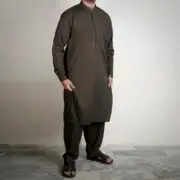 Panama Executive- Blended Mehendi Brown Embroidered Shalwar Kameez For Men