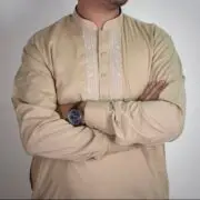 Sarwar Collection- Golden Beige Embroidered Shalwar Kameez For Men - Image 3